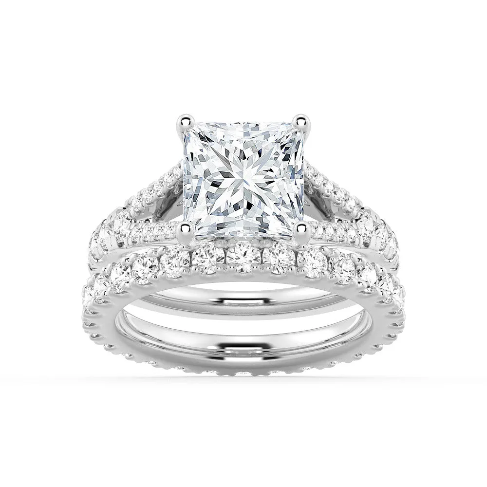 Accent Piece Princess Cut Split Shank Moissanite Ring Set with Matching Wedding Band