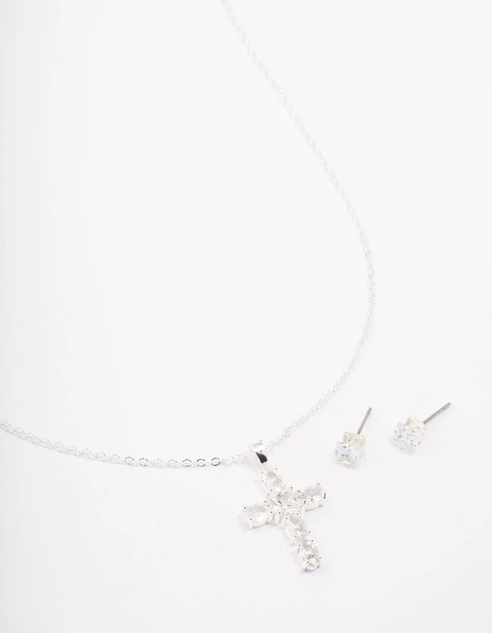 Golden Accent Shine And Style Silver Plated Cubic Zirconia Square Cross Pendant Necklace & Stud Earring Set