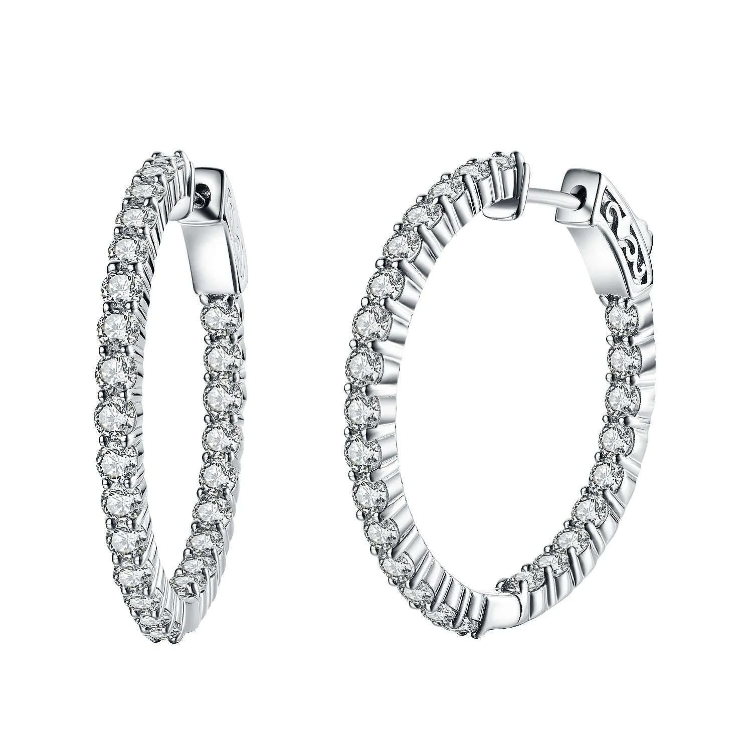 Secure Item Sterling Silver 30mm Round CZ Hoop Earrings with 2.5mm CZs