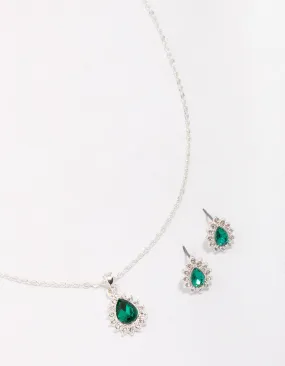 Glamour Effect Sparkle Vibe Silver Emerald Teardrop Diamante Jewellery Set