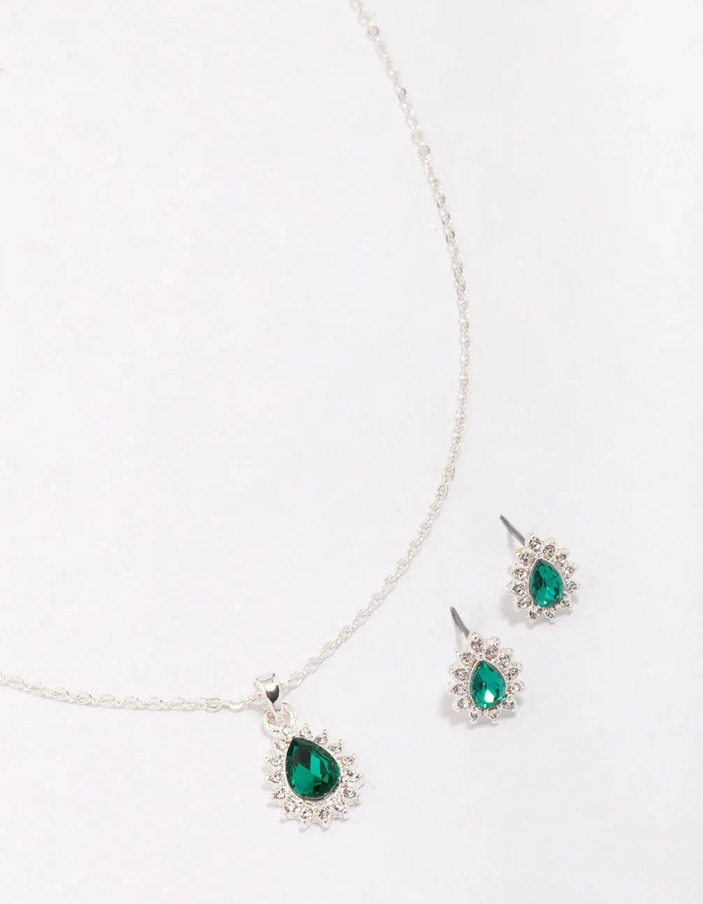 Glamour Effect Sparkle Vibe Silver Emerald Teardrop Diamante Jewellery Set