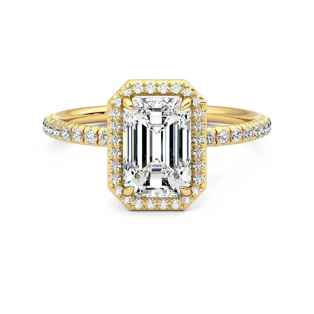 Artisan Texture Classic Halo Emerald Cut Moissanite Engagement Ring with Hidden Anniversary Stone Accent
