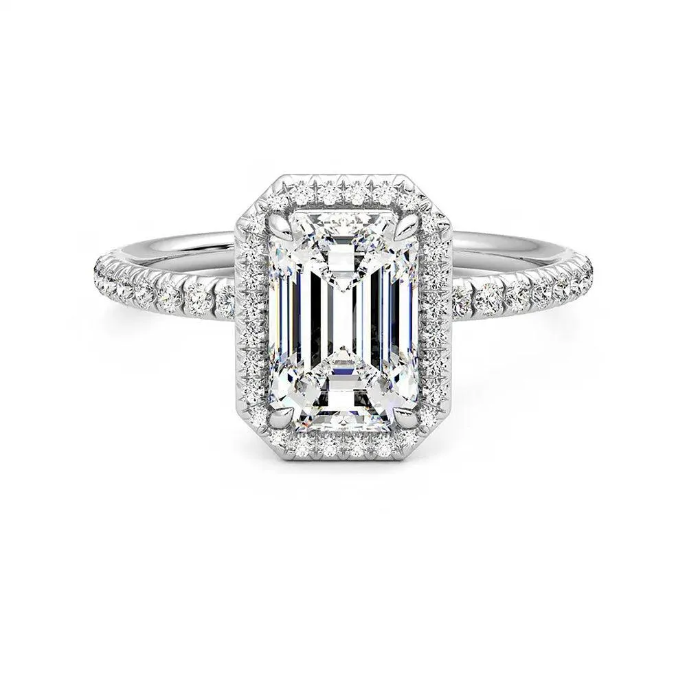 Modern Emblem Classic Halo Emerald Cut Moissanite Engagement Ring with Hidden Anniversary Stone Accent