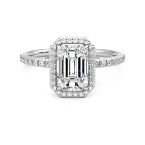 Classic Halo Emerald Cut Moissanite Engagement Ring with Hidden Anniversary Stone Accent Pure Form