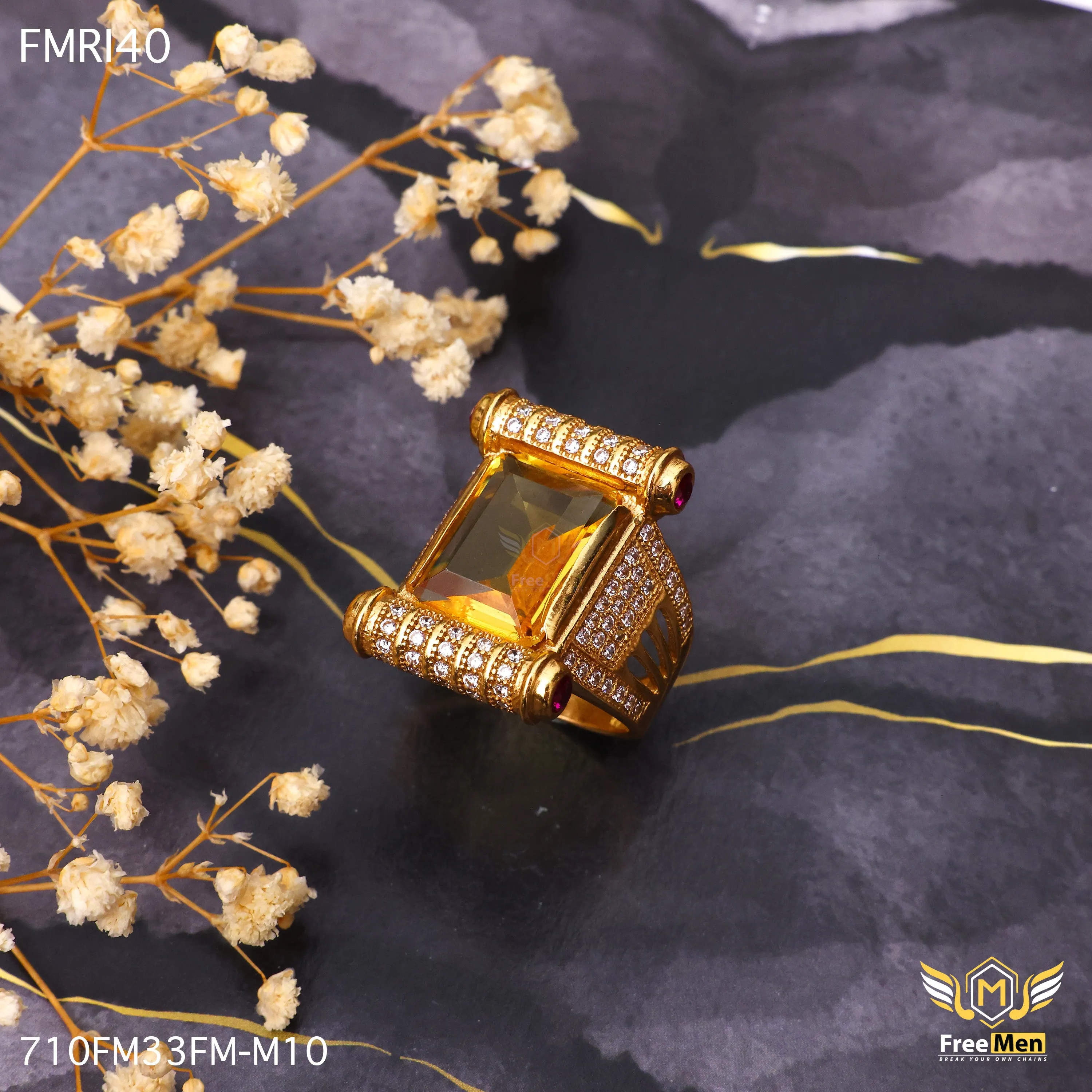 Freemen Damru yellow AD Design Golden Ring - FMRI40 Ornate Symbol Vintage Work