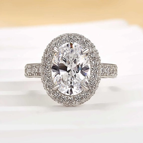 Louily Beautiful 3.0 Carat Double Halo Oval Cut White Gold Engagement Ring Distinctive Shape