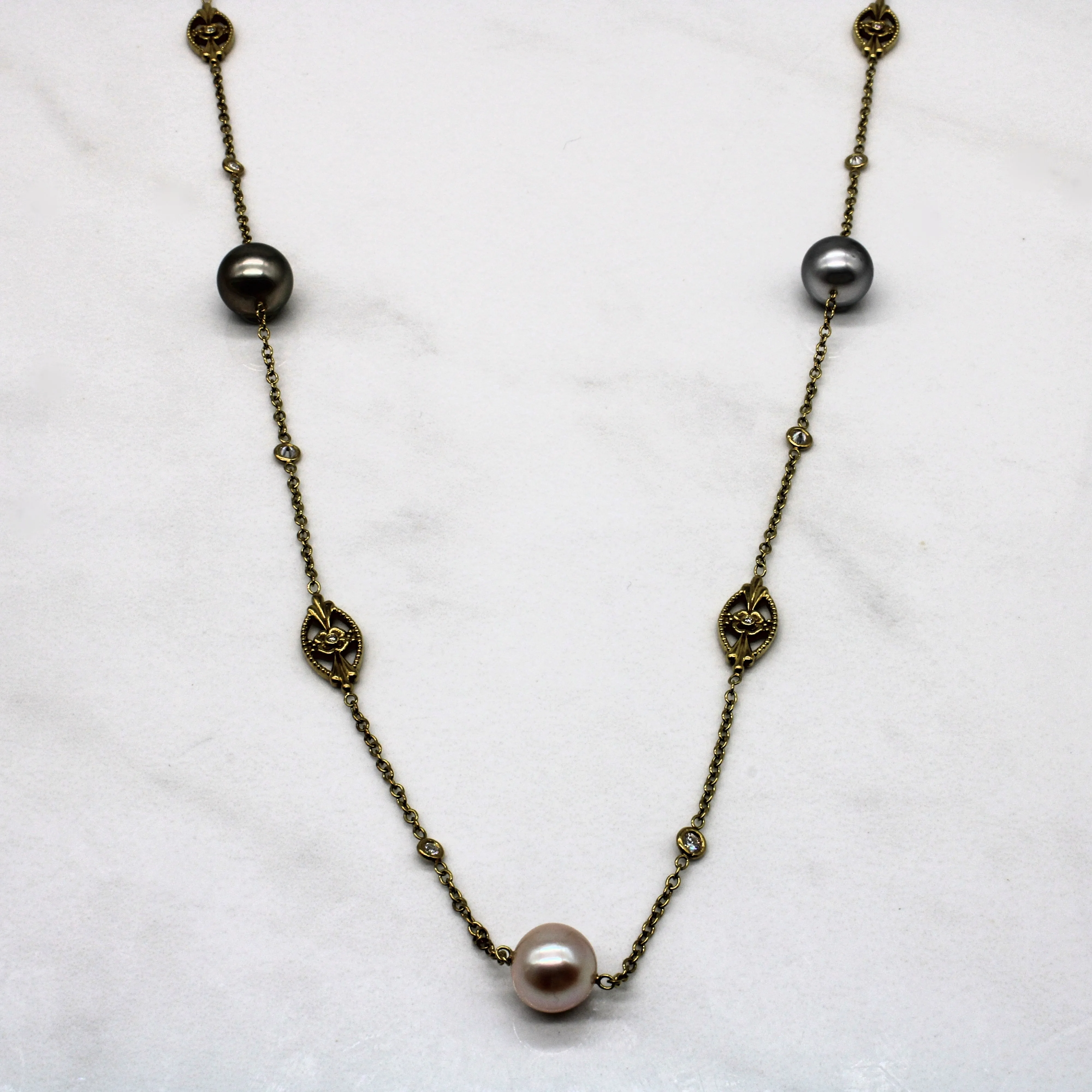 Charming Stones High Shine Diamond & Pearl Station Necklace | 0.60ctw | 33" |