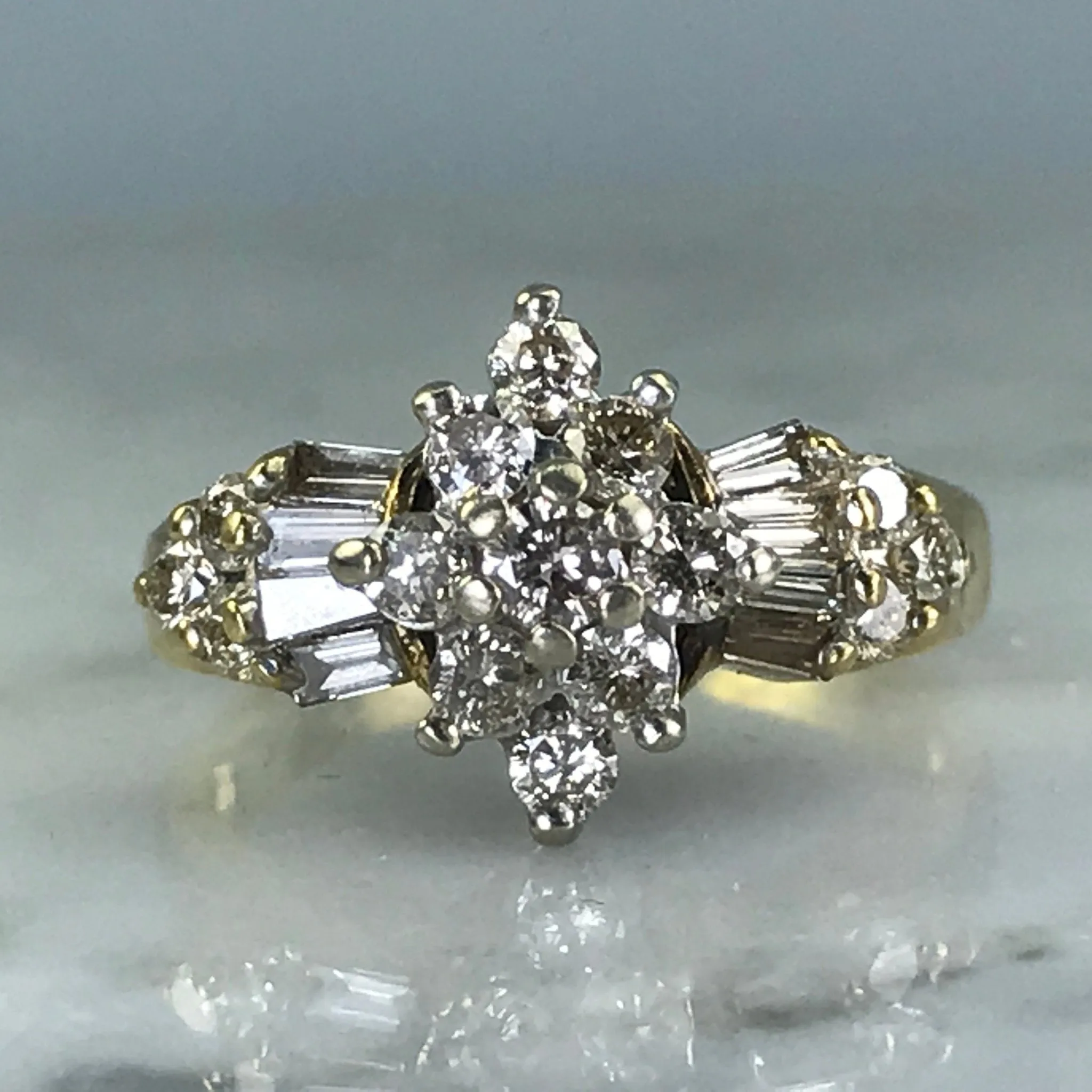 Stylish Item Diamond Art Deco Cluster Ring. 10K Yellow Gold. April Birthstone. 10 Year Anniversary Gift.