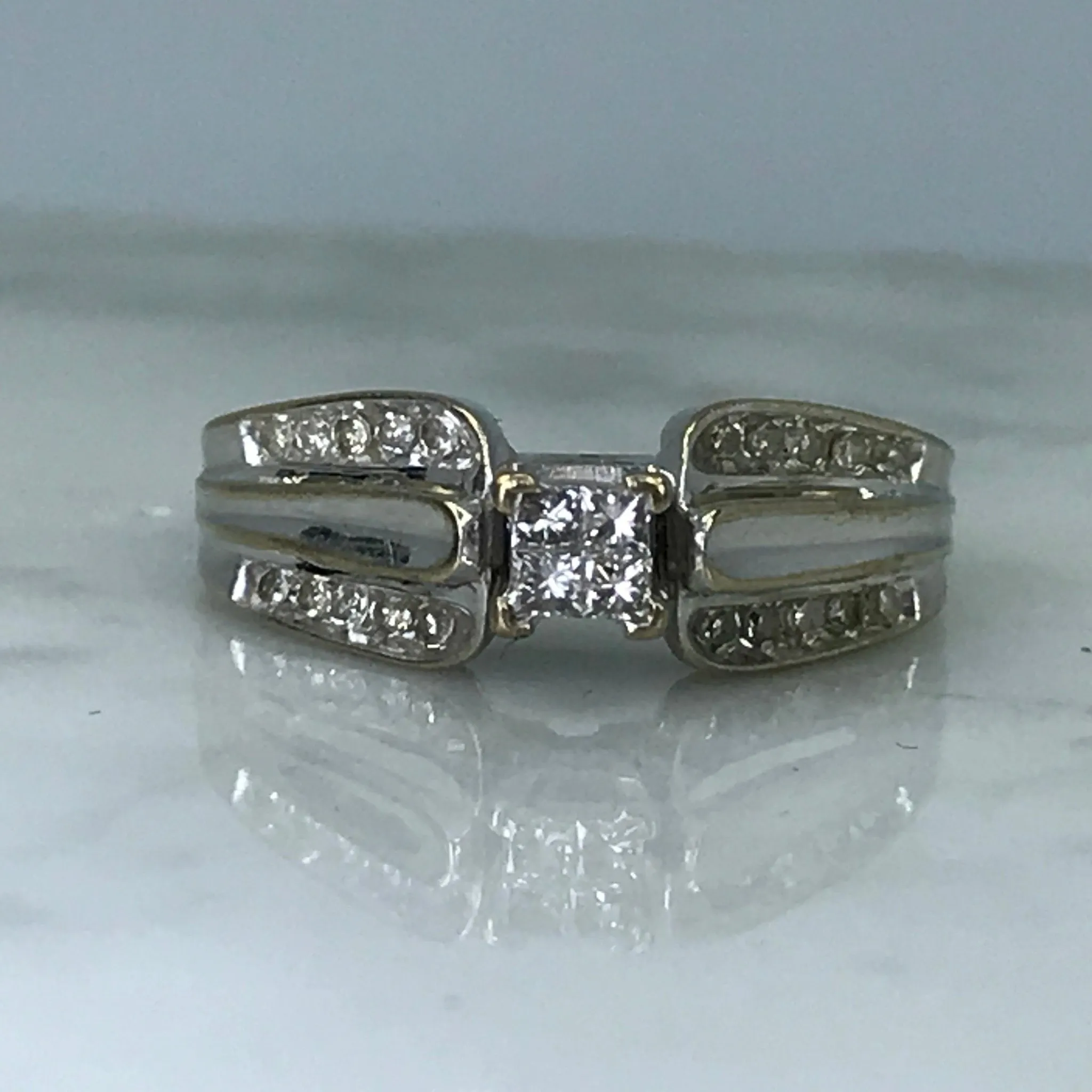 Modern Jewelry Diamond Engagement Ring. 10K White Gold Setting. April Birthstone. 10 Year Anniversary Stone.