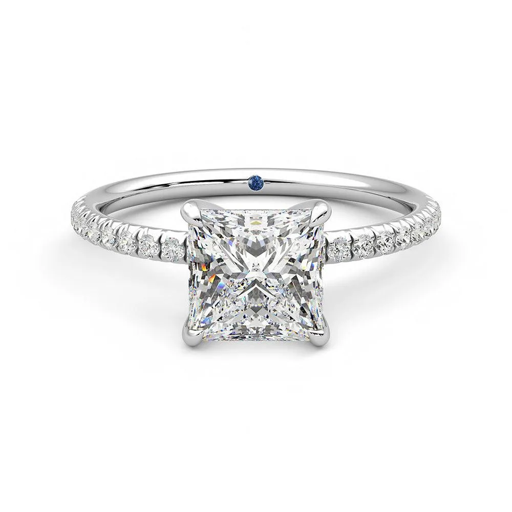 Daytime Fashion Four Prong Princess Cut Moissanite Engagement Ring with Hidden Anniversary Stone Accent