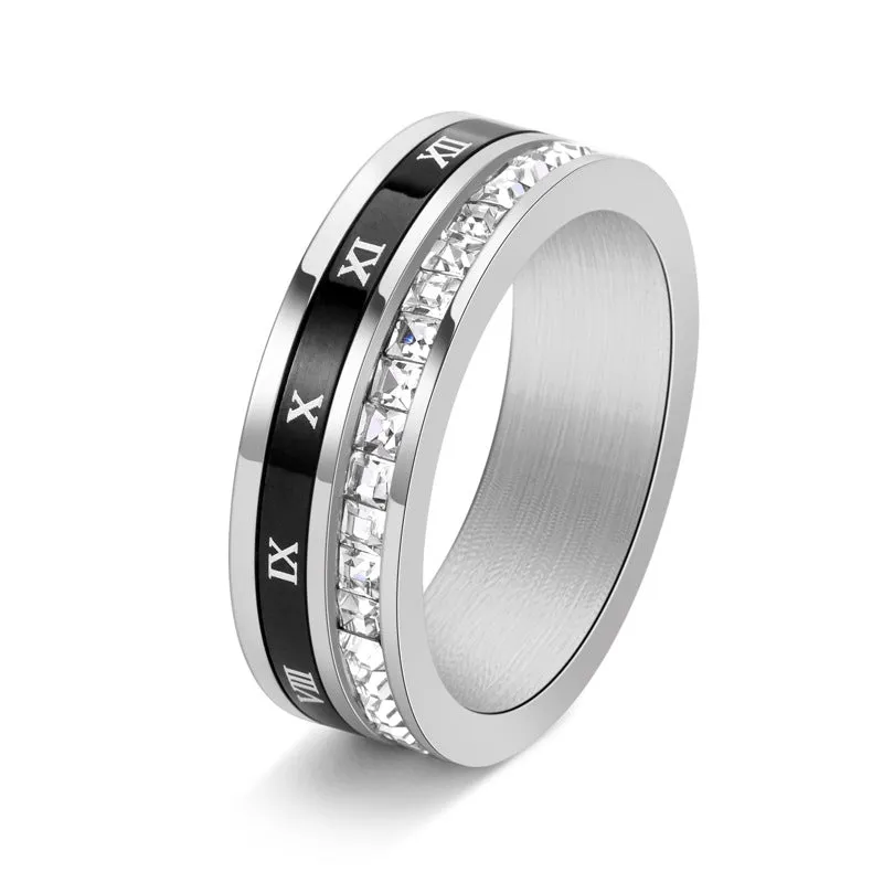 Rotatable Square Diamond Tungsten Ring with Roman Numerals For Men Delicate Detail
