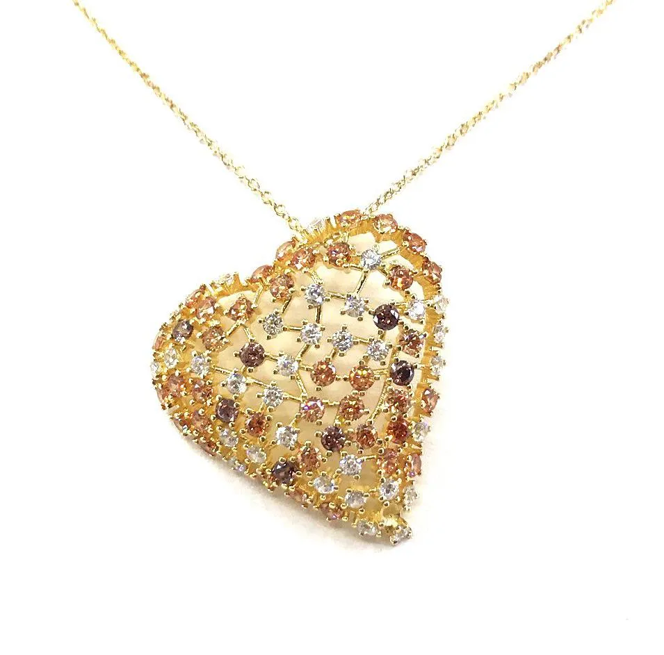 Sterling Silver Heart Multicolor CZ Puffy Pendant Necklace Chic Fashion Birthday Style