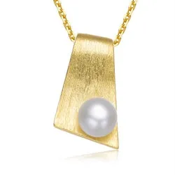 Sterling Silver Gold Plated with Freshwater Pearl Rectangle Pendant Necklace Daily Gift