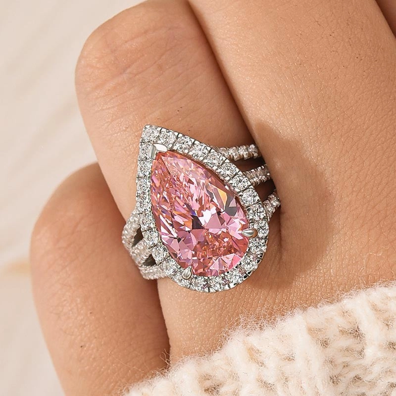 Vintage Split Shank Halo 4.5Ct Pear Cut Pink Engagement Ring In Sterling Silver Shiny Gifts