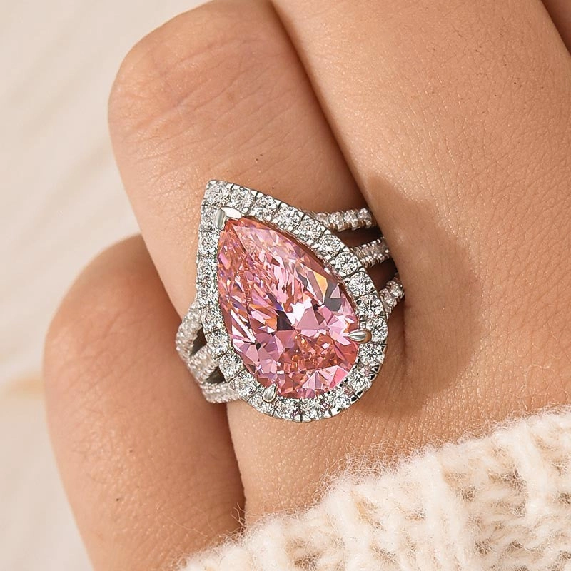 Vintage Split Shank Halo 4.5Ct Pear Cut Pink Engagement Ring In Sterling Silver Modern Snap