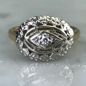 Artisan Symbol Art Deco Diamond Shield Ring. 14K Gold Filigree Setting.  April Birthstone. 10 Year Anniversary.