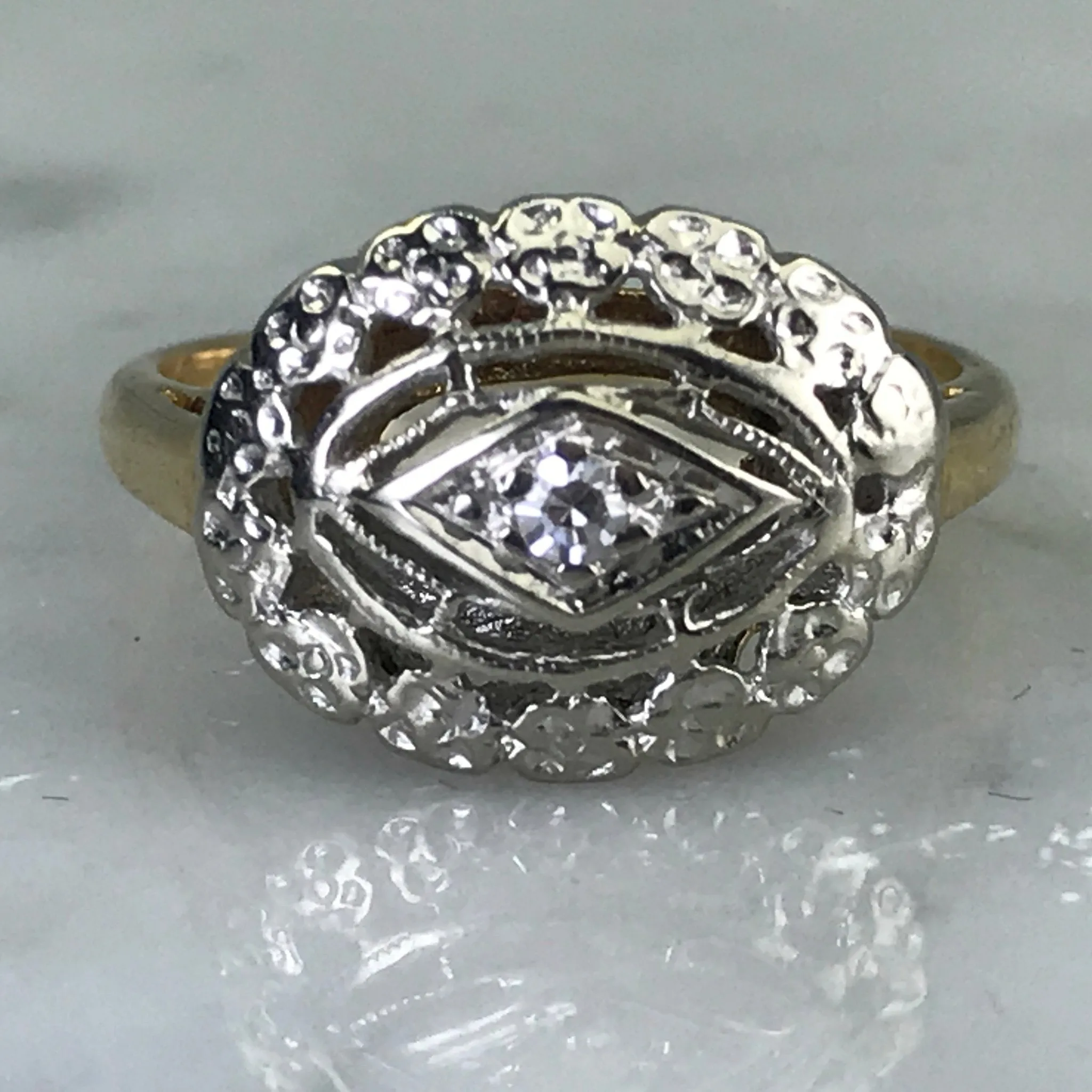 Artisan Symbol Art Deco Diamond Shield Ring. 14K Gold Filigree Setting.  April Birthstone. 10 Year Anniversary.