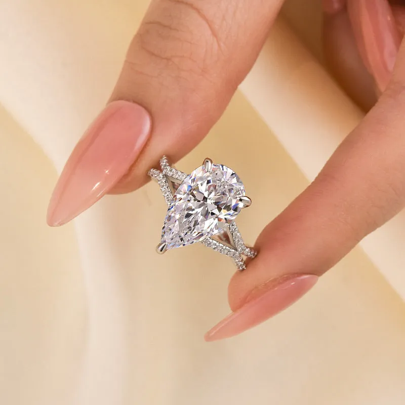 Louily Split Shank Unique Pear Cut Engagement Ring In Sterling Silver Elegant Detailing