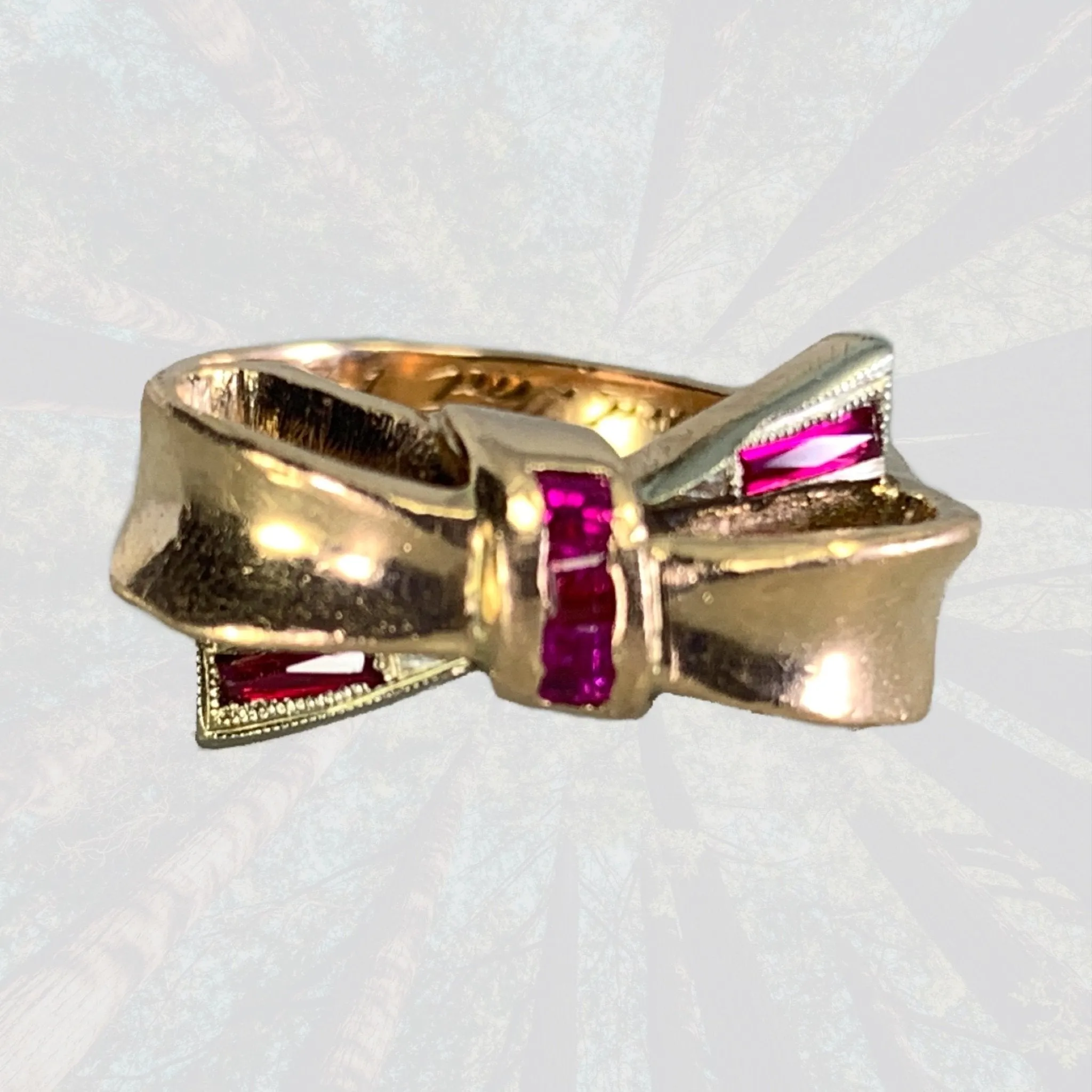 Best Friend Gift 1940s Ruby Bow Shaped Ring set in 14K Yellow Gold. July Birthstone. 15th Anniversary Gift.
