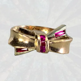 Best Friend Gift 1940s Ruby Bow Shaped Ring set in 14K Yellow Gold. July Birthstone. 15th Anniversary Gift.