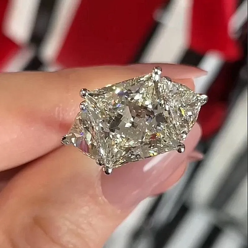 Louily Glittering Crushed Ice Radiant Cut Three Stone Engagement Ring High impact