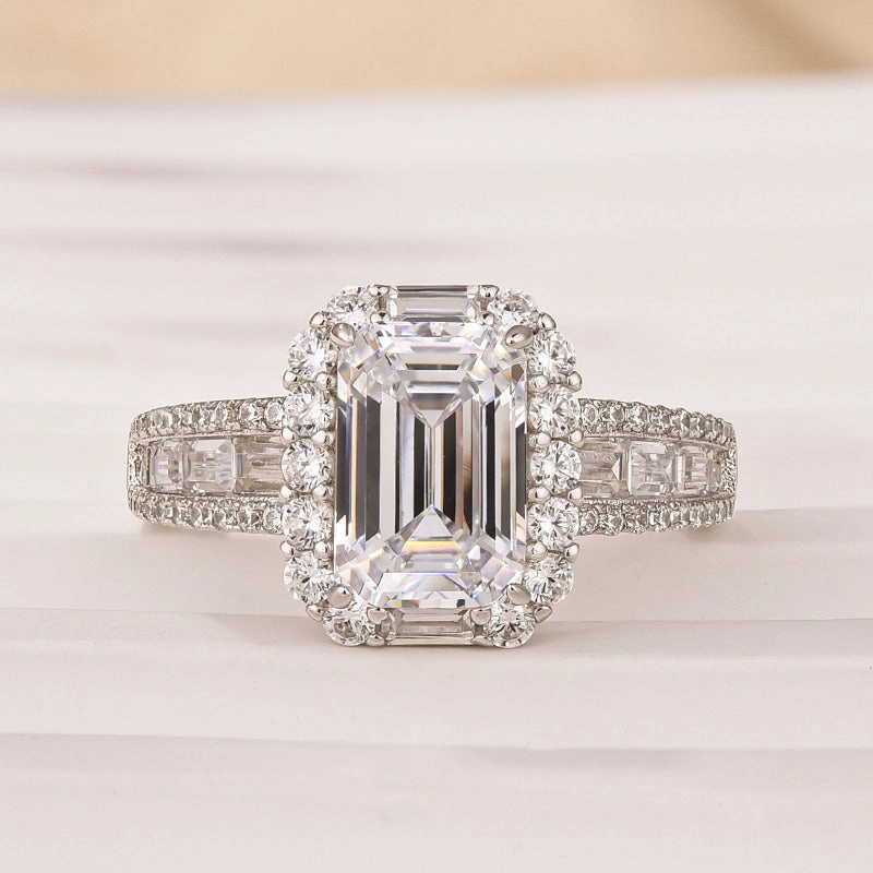 Luxurious Halo Emerald Cut Engagement Ring In Sterling Silver Holiday Style Gloss Edge