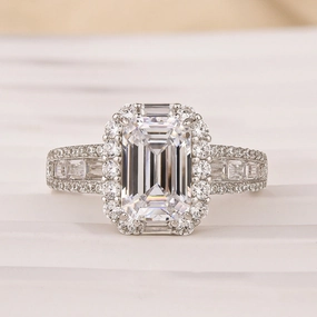 Contemporary Form Model Ready Luxurious Halo Emerald Cut Engagement Ring In Sterling Silver