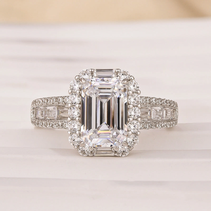 Luxurious Halo Emerald Cut Engagement Ring In Sterling Silver Fashion Craft Classic Pairing