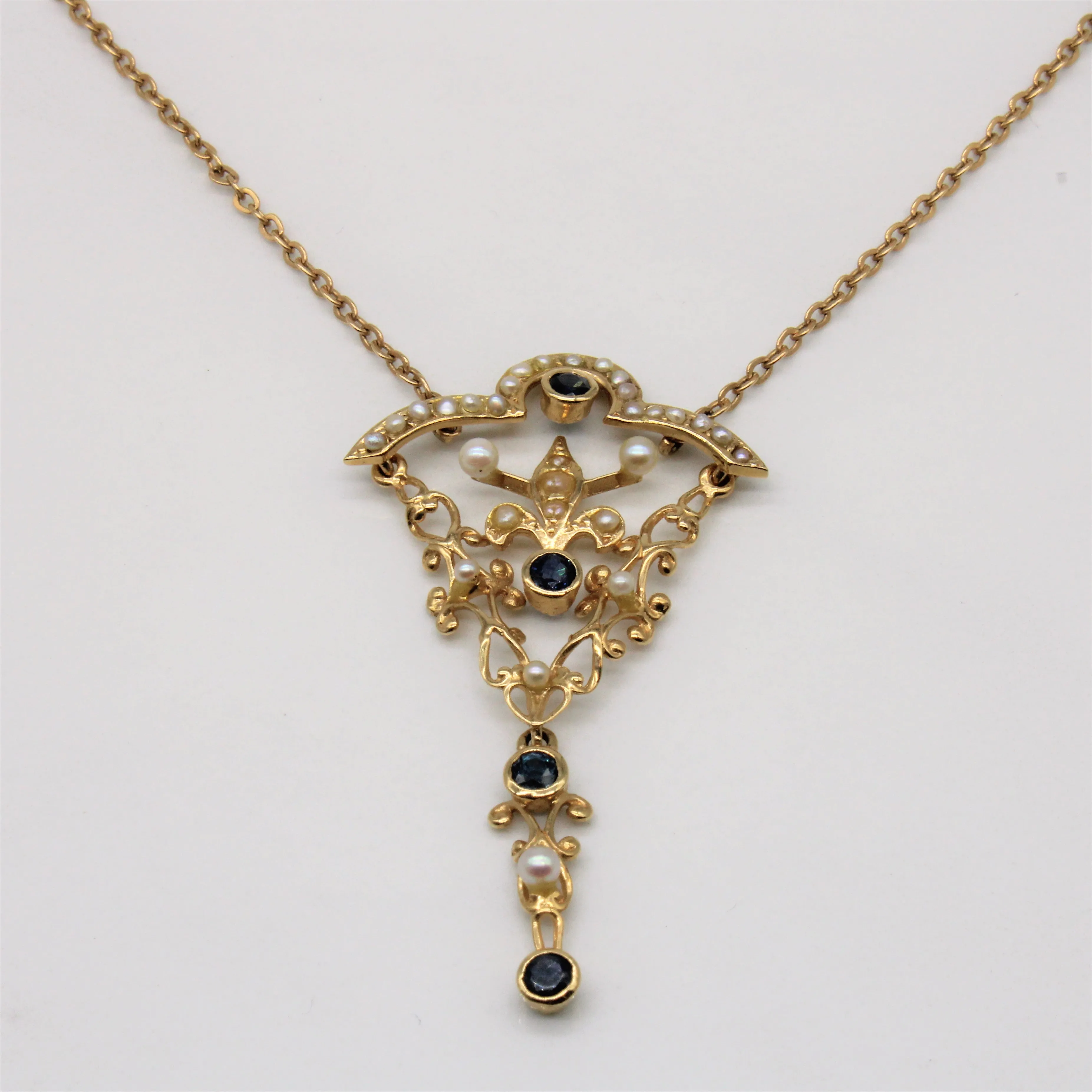Edwardian Sapphire & Pearl Necklace | 0.40ctw | 17" | Signature Charm