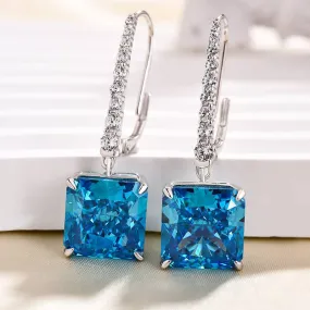 Luminous Touch Louily Luxury Radiant Cut Blue Sapphire Women's Earrings In Sterling Silver