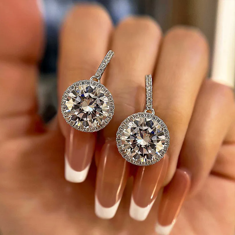 Louily Stunning 5.0 Carat Halo Brilliant Cut Drop Earrings In Sterling Silver Gleaming Detail Daily Essentials