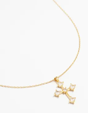 Gold Plated Cubic Zirconia Gothic Cross Necklace & Stud Earrings Set Vintage Mood Signature Detail