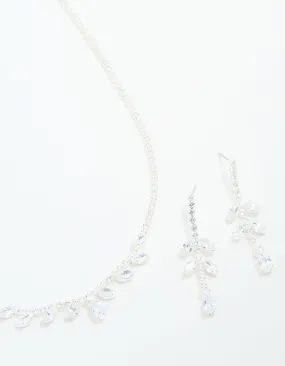 Silver Cubic Zirconia Navette Leaf Necklace & Earrings Set Fashion Appeal Soft Light