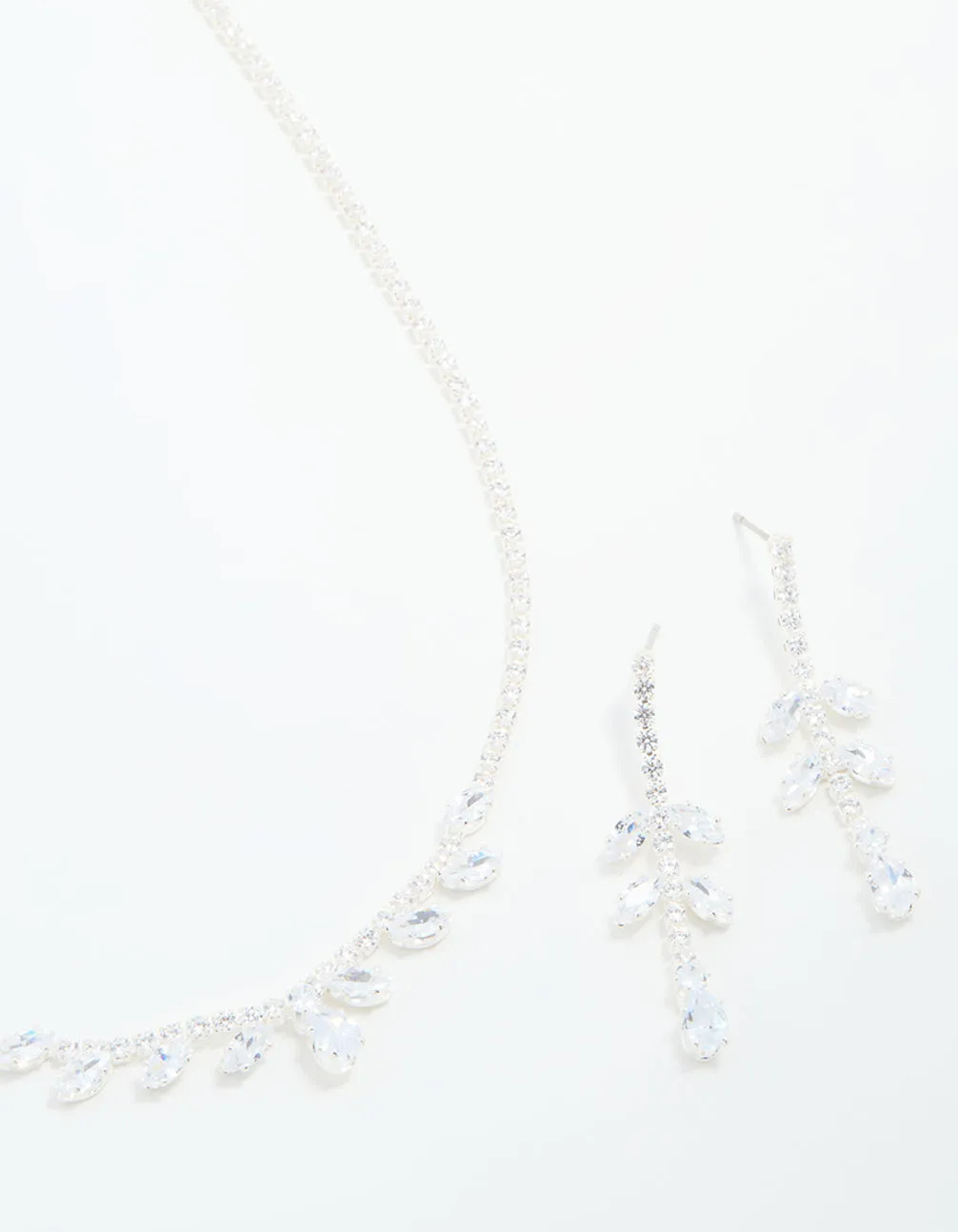 Silver Cubic Zirconia Navette Leaf Necklace & Earrings Set Fashion Appeal Soft Light