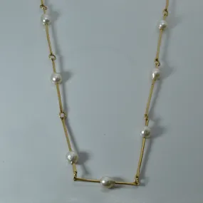 Romantic Accessory Elongated Gold Bar and Pearls Necklace | 48"|