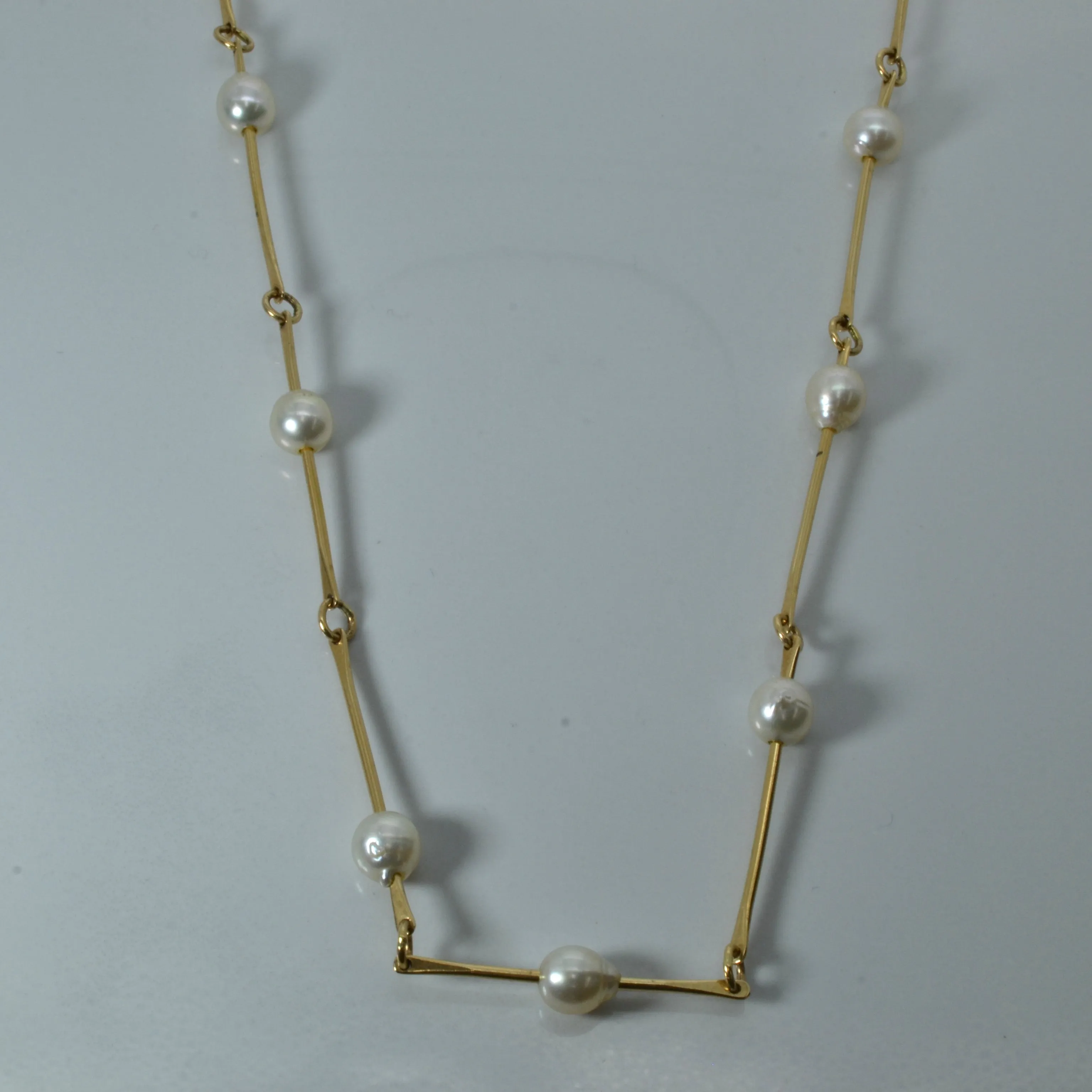 Romantic Accessory Elongated Gold Bar and Pearls Necklace | 48"|
