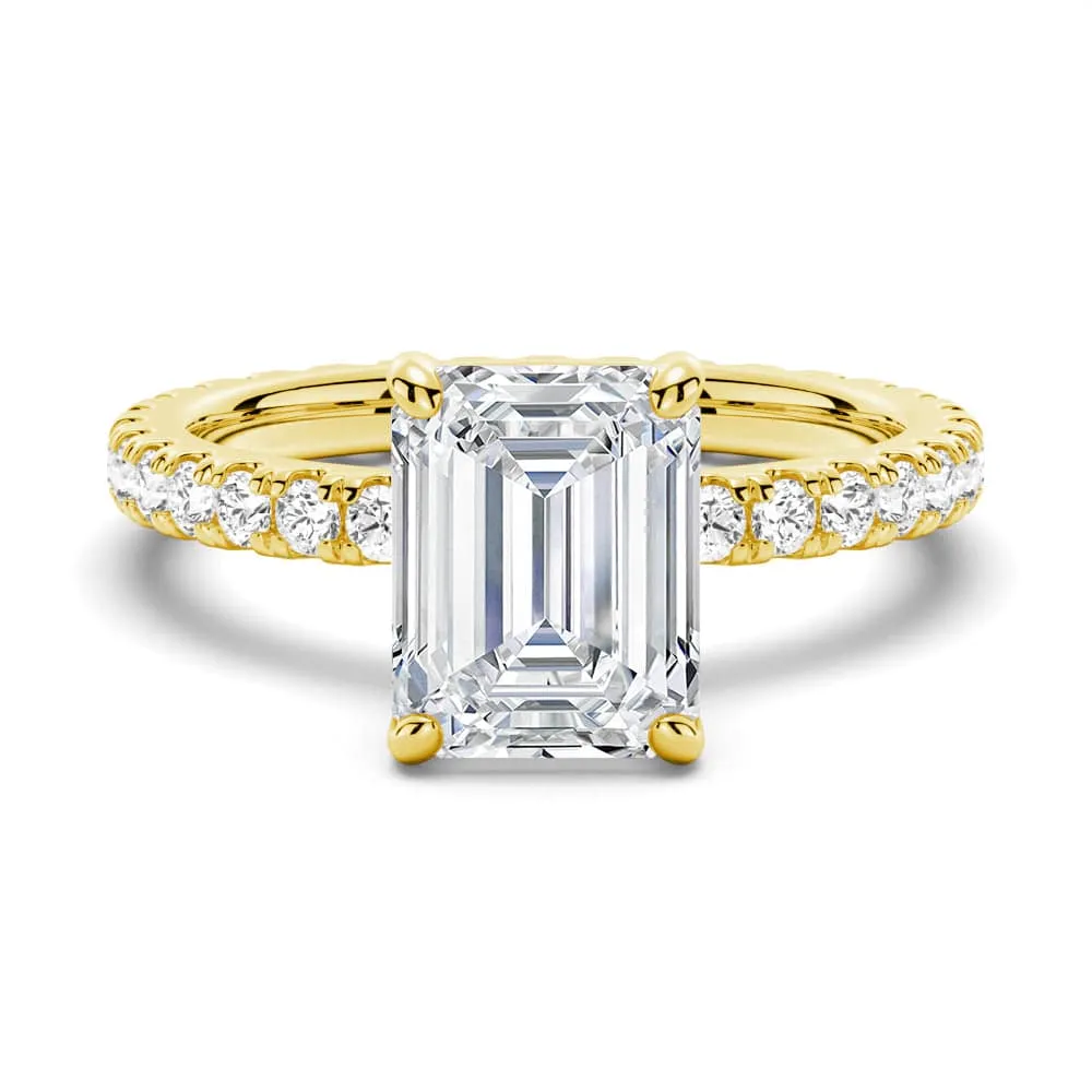 Emerald Cut Moissanite Engagement Ring With Eternity Pave Band Artistic Symbol prom night