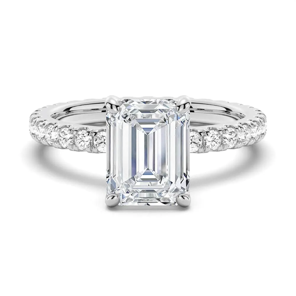 Meaningful Look Ornate Piece Emerald Cut Moissanite Engagement Ring With Eternity Pave Band
