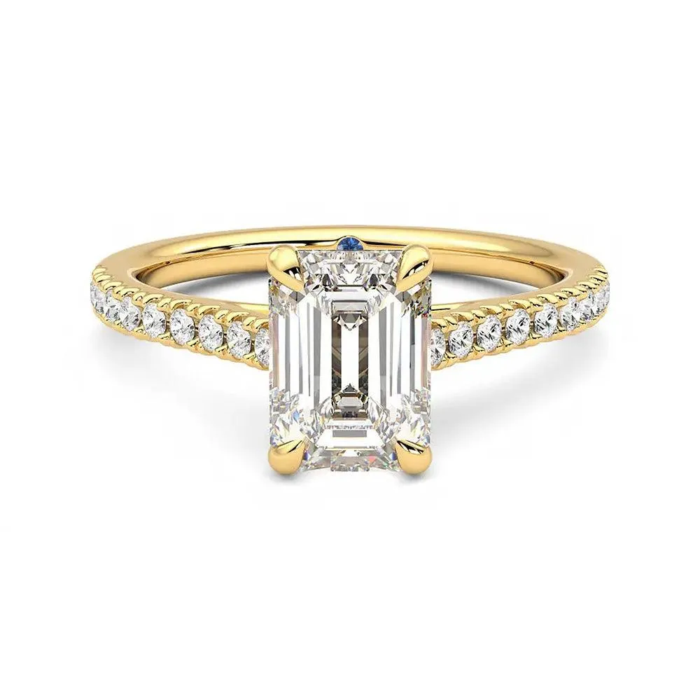 Bright Pop Evening Sparkle Emerald Cut Moissanite Engagement Ring with Hidden Anniversary Stone and Pav?? Accents
