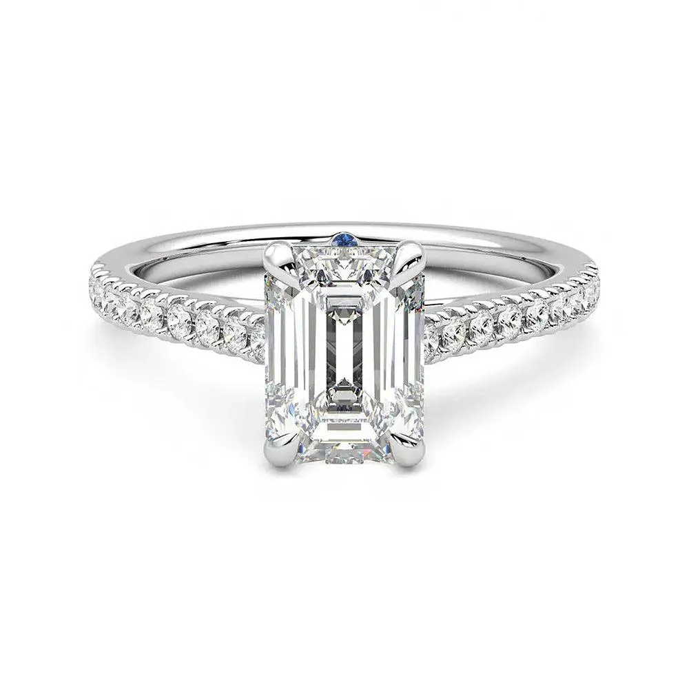 Tarnish Proof Emerald Cut Moissanite Engagement Ring with Hidden Anniversary Stone and Pav?? Accents