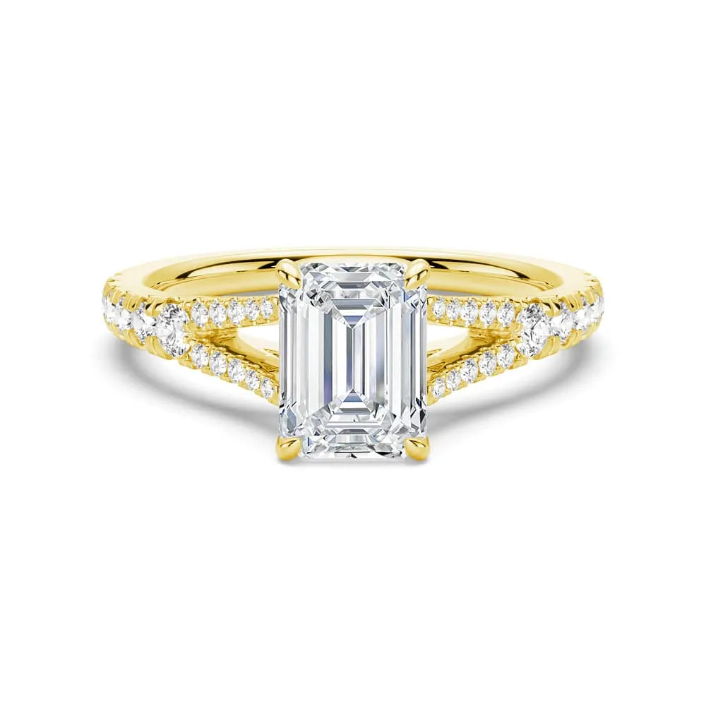 Cost effective Emerald Cut Split Shank Moissanite Engagement Ring