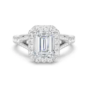 Traditional Keepsake HighEnd Mark Emerald Cut Split Shank Moissanite Halo Engagement Ring