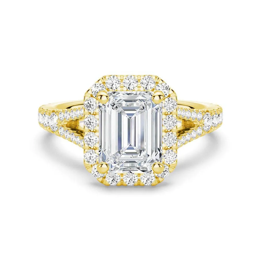 Neutral design Luxury Structure Emerald Cut Split Shank Moissanite Halo Engagement Ring