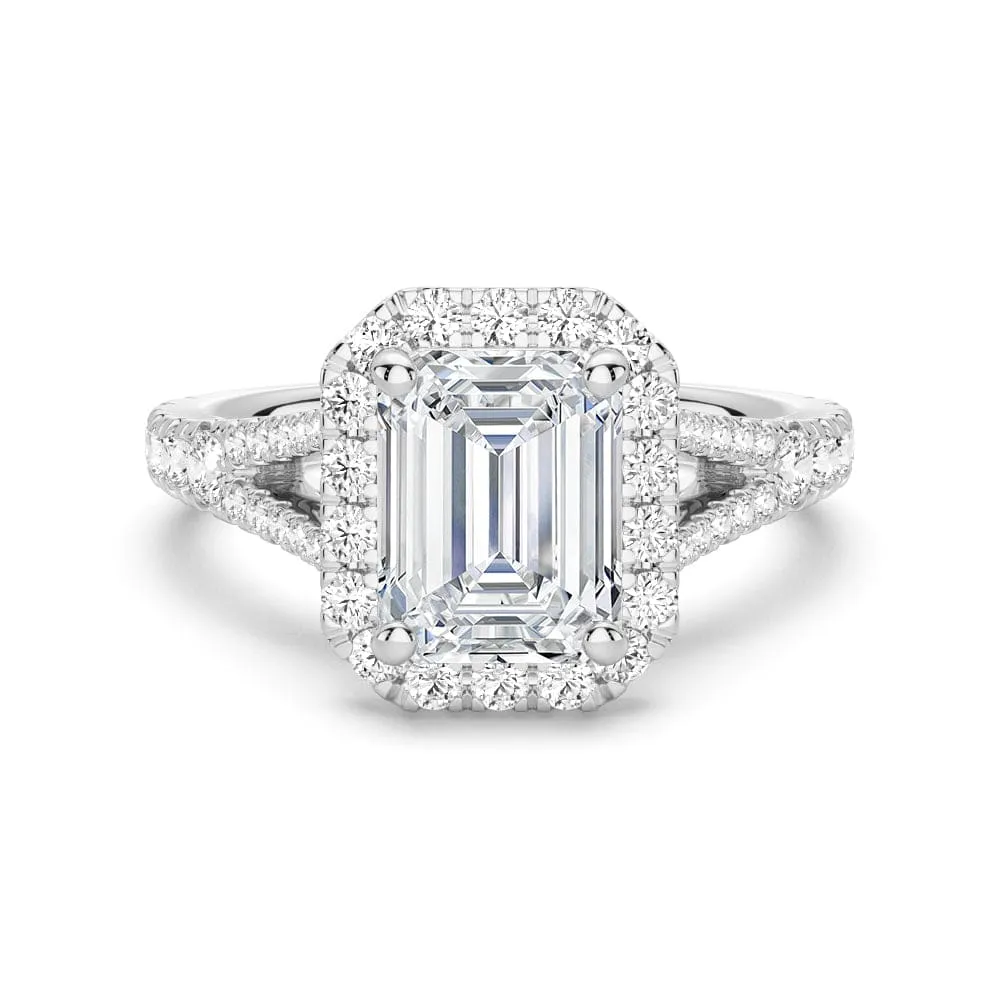 Creative Work Emerald Cut Split Shank Moissanite Halo Engagement Ring