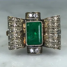 Everyday Favorite Glam Choice Emerald Diamond Ring. 18K Gold. Bow Tie Design. May Birthstone. 20th Anniversary Gift.