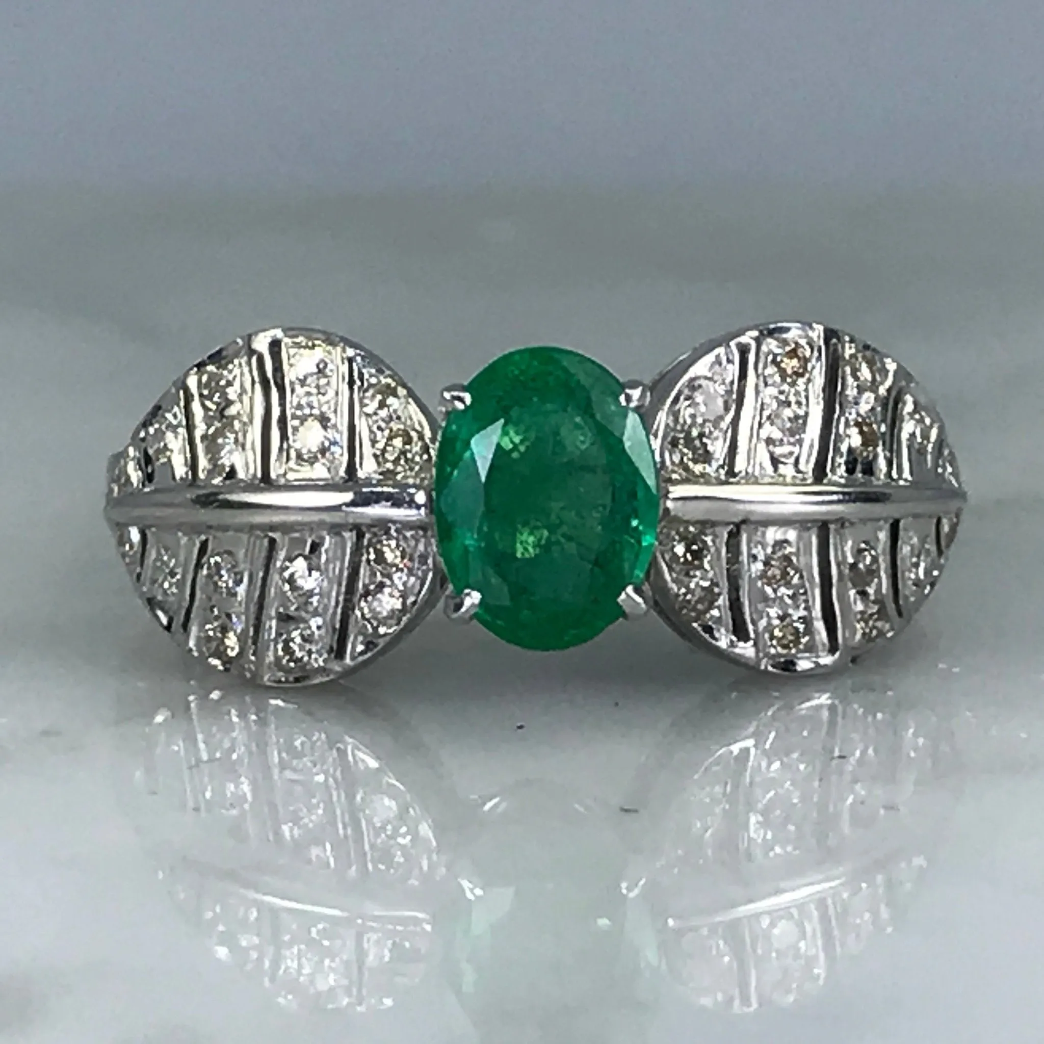 Resilient Look Emerald Diamond Ring. Art Nouveau. 18K White Gold. May Birthstone. 20th Anniversary. APPRAISED