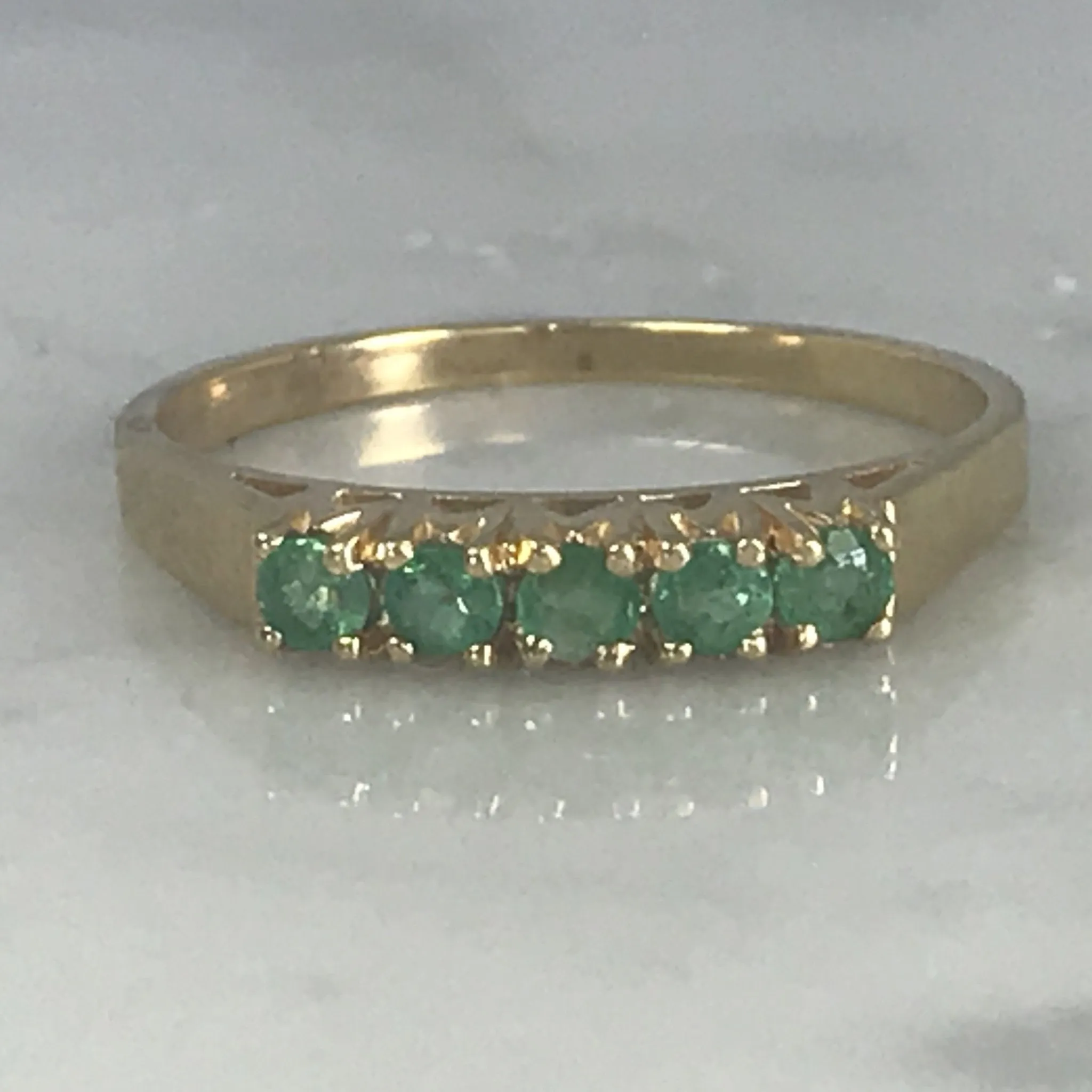 Budget Accessory Fashionable Symbol Emerald Wedding Band or Stacking Ring in 14K Yellow Gold. Estate Jewelry. May Birthstone.