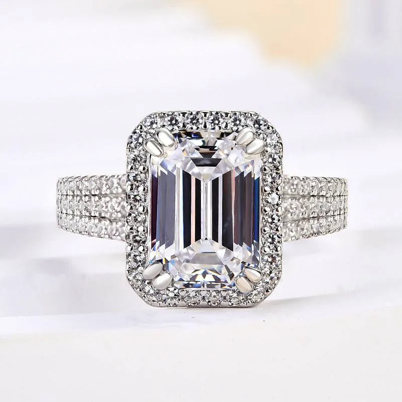 Louily Sparkle Halo Three Shank Emerald Cut Engagement Ring In Sterling Silver Pastel Mood Delicate Vibe