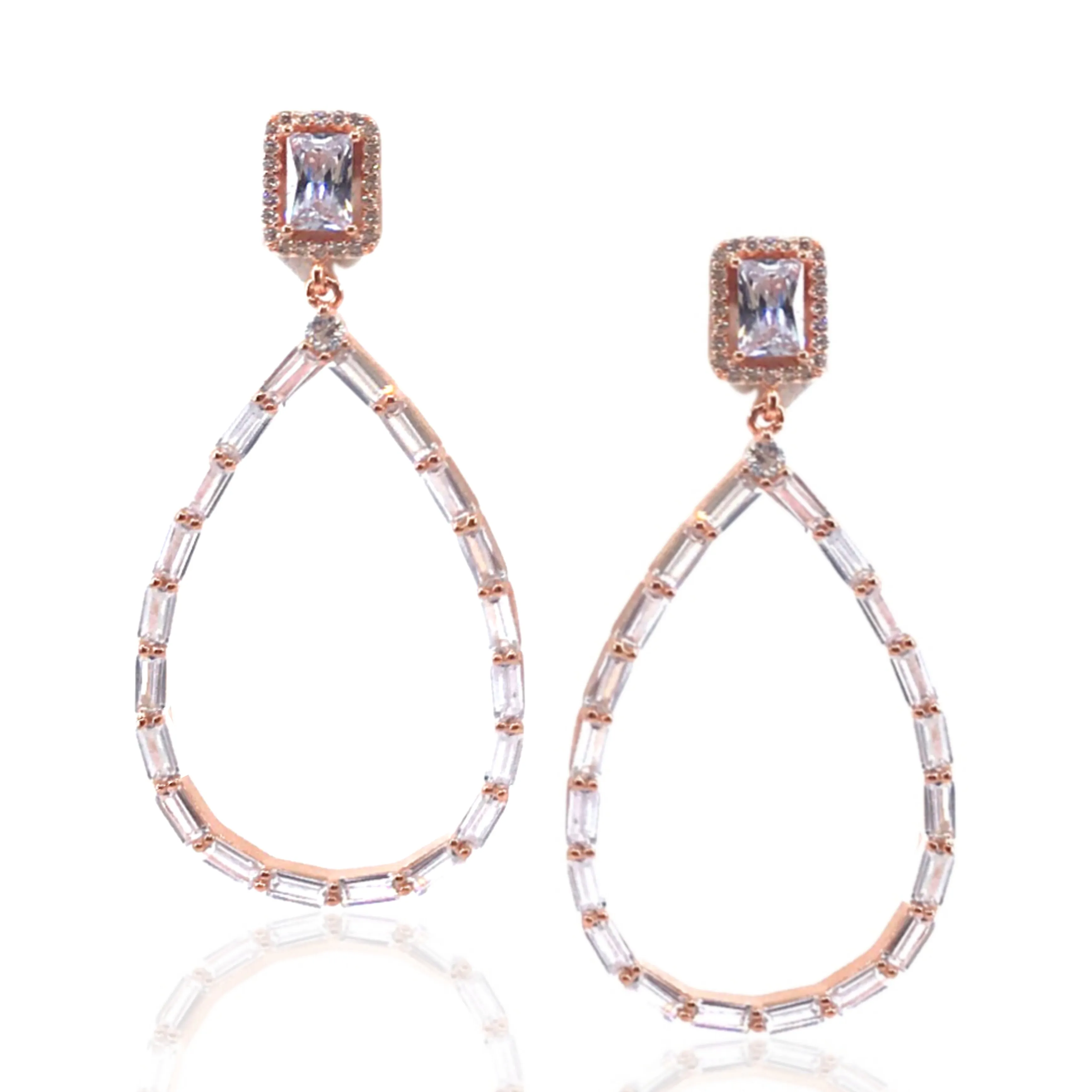 Rose Gold / Gold / Rhodium Plated Sterling Silver Baguette Teardrop Earrings Glittering Piece