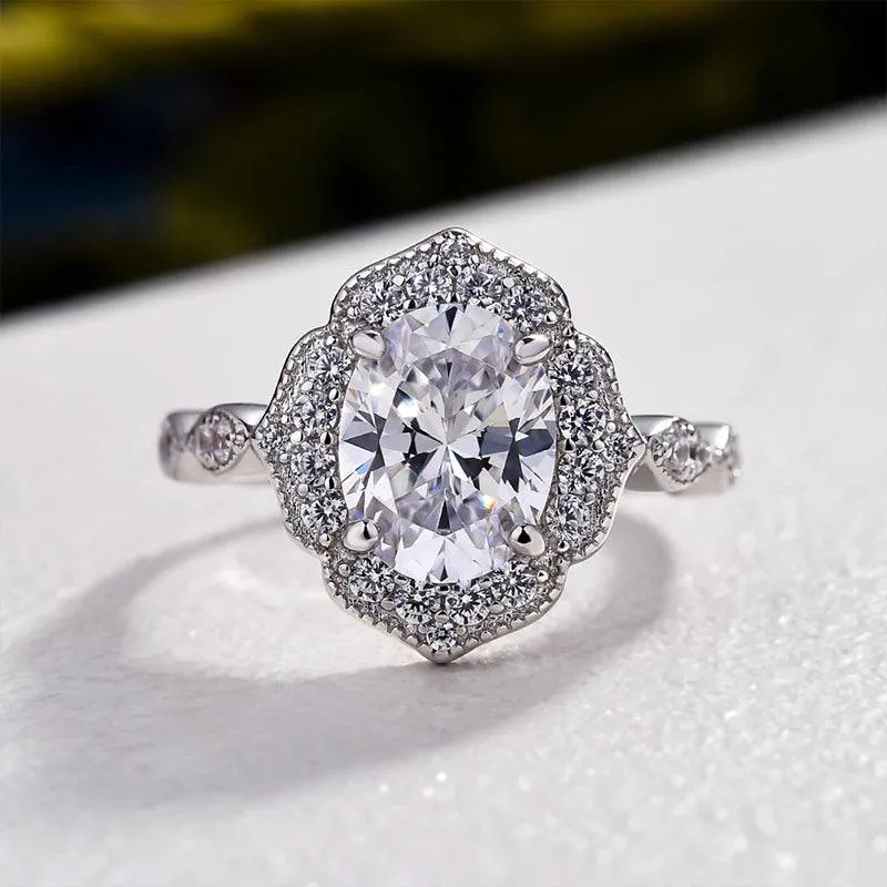 Louily Vintage Halo Oval Cut Engagement Ring In Sterling Silver Shimmering Form Graceful Accent